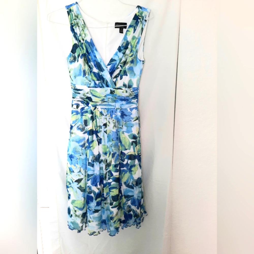 Connected Women Blue Floral Chiffon Fit Flare V Neck Sleeveless Lined Dress S 8